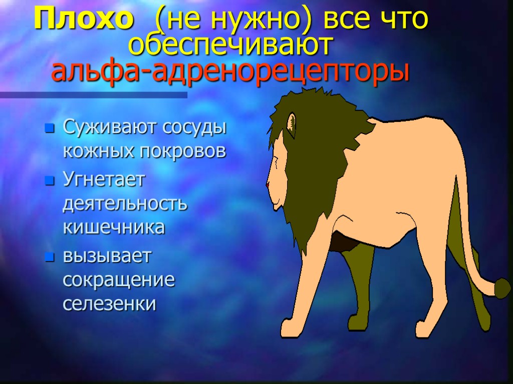 Плохо (не нужно) все что обеспечивают альфа-адренорецепторы Суживают сосуды кожных покровов Угнетает деятельность кишечника